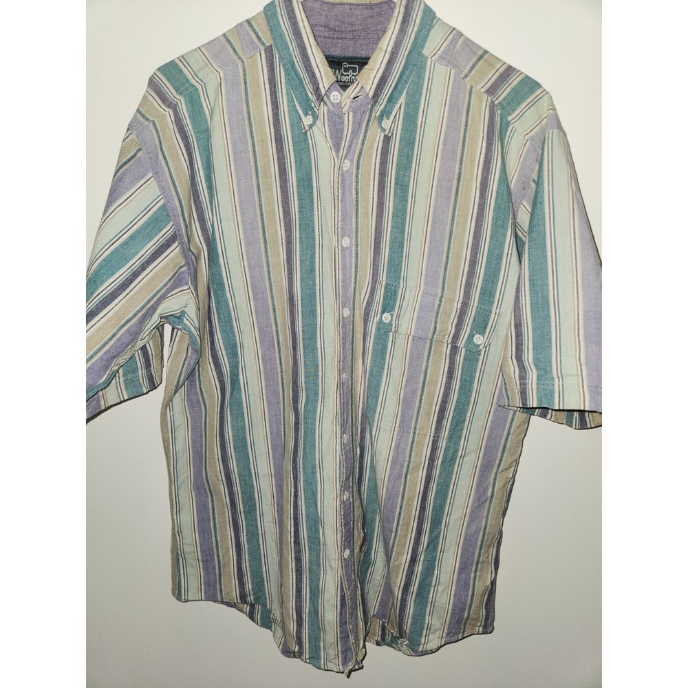 Vintage Woolrich Shirt Men's Medium SS Button Up Pastel Purple Green Stripe